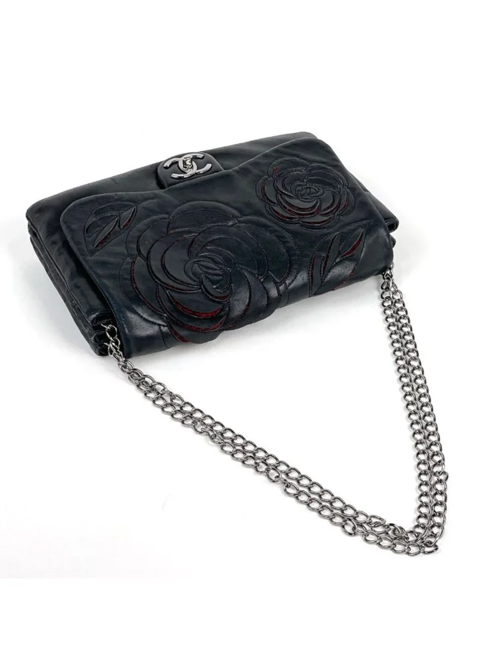 Chanel Shoulder Bag CC Logo Camellia Leather Black
